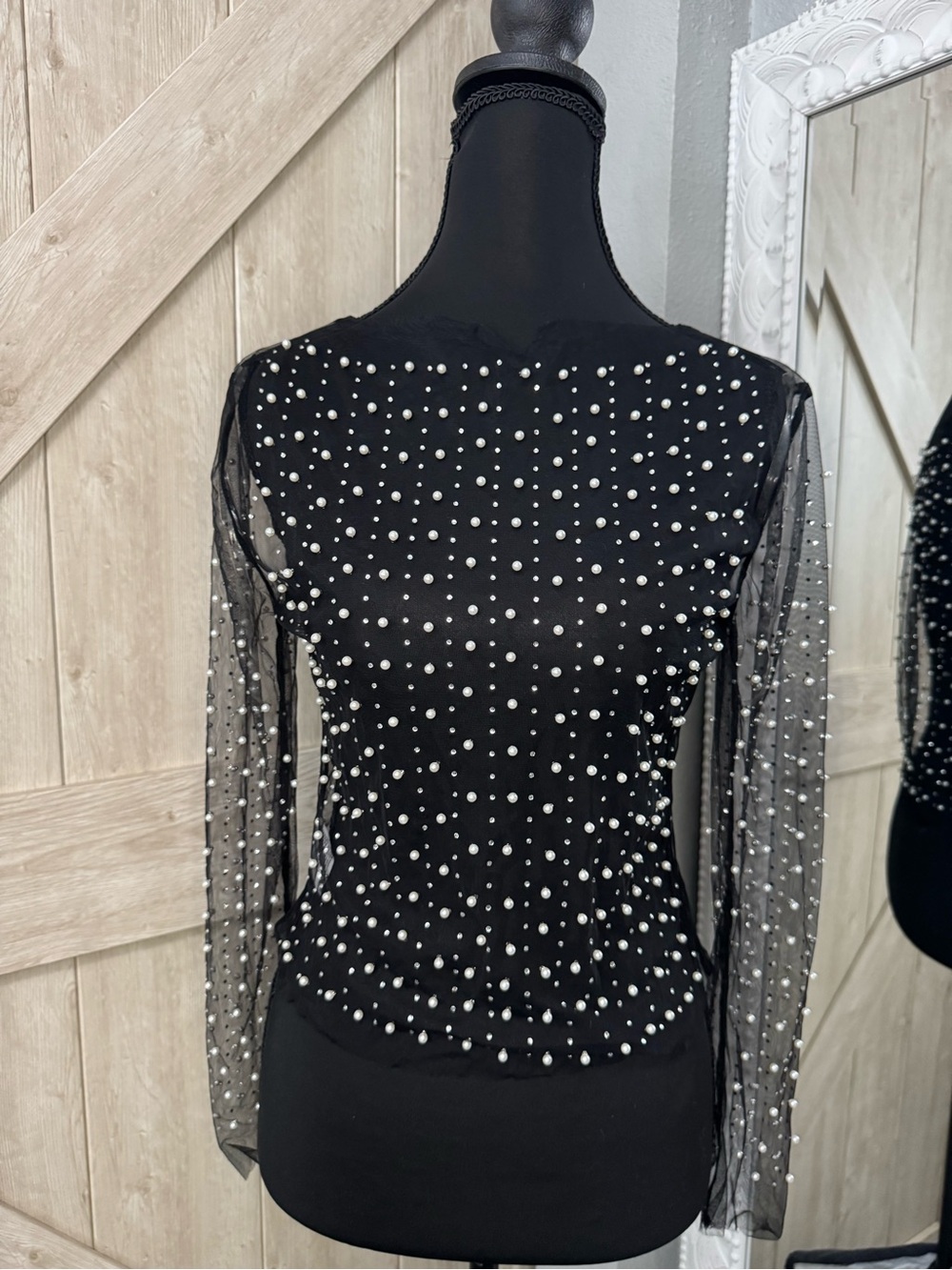 Sheer long sleeve pearled & rhinestone top - Small